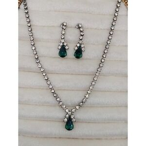 1950s 1960s Rhinestone Necklace Earrings Set Green Teardrop Vintage MCM Glam